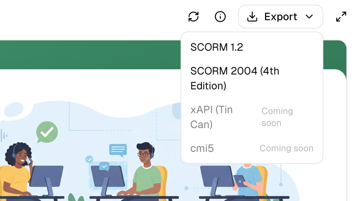 SCORM export interface with package options for LMS integration